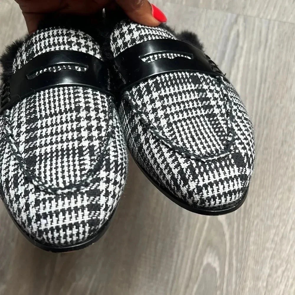 J.Crew Academy Loafer Mule with Faux Fur Lining Black/ Ivory Plaid Fabric